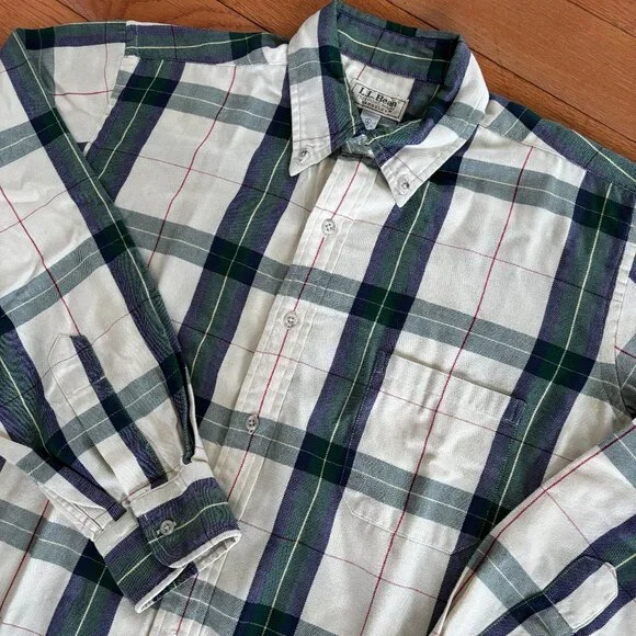 Vintage LL Bean Rangeley Flannel Shirt Men L‎ Cream Blue Green Plaid Pocket USA