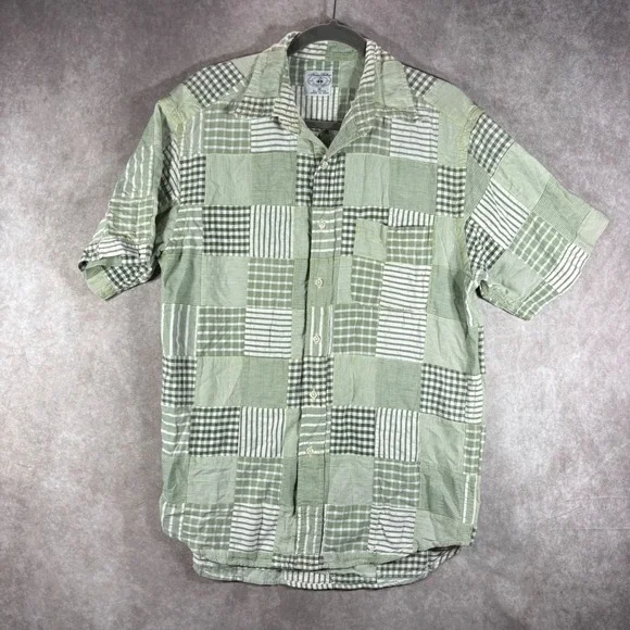 Brooks Brothers Sport Shirt Mens M Green Patchwork Button Up Short Sleeve Cotton