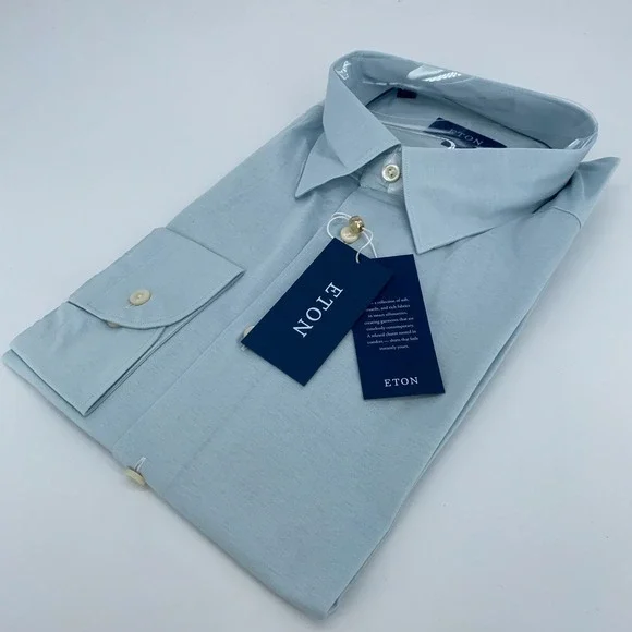 Eton Dress Shirt Men 2XL Slim‎ Jersey Blue Long Sleeve Formal Collared Button Up
