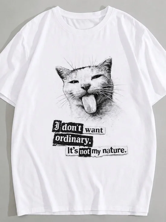 White Cat Graphic T‑Shirt - Playful Quote Design Funny’s Size L