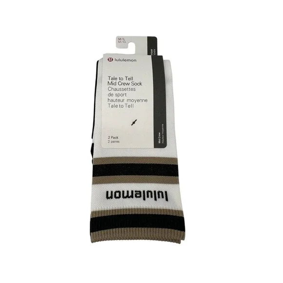 Lululemon Mid Crew Socks 2-Pack M/L Black White Taupe Striped Tale to Tell NEW