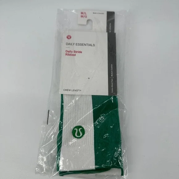 Lululemon Crew Socks M/L Daily Essentials Stride Ribbed Green White NEW
