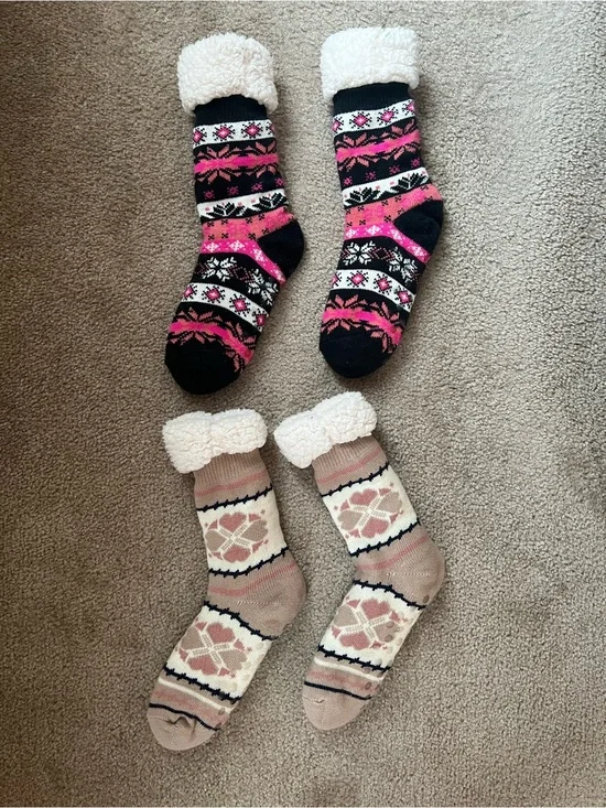 Sherpa Lined Slipper Socks Set of Two Non Slip Gripper Fair Isle