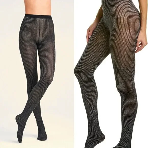 Wolford NEW Dora Metallic Ribbed 100 Denier Tights Black Size Small