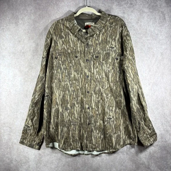 Magellan Button Up Shirt Mens XL Brown Mossy Oak Bottomland Hunt Gear Camo Shirt