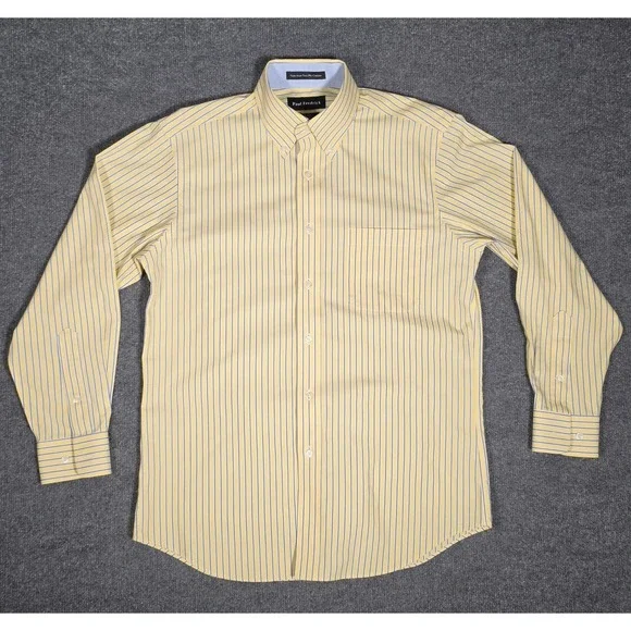 Paul Fredrick men's dress shirt‎ in a yellow base with blue stripe pattern, size