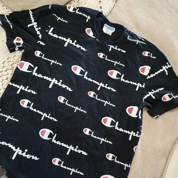 Champion Mens Black Short Sleeve Logo Printed Tee Size S‎