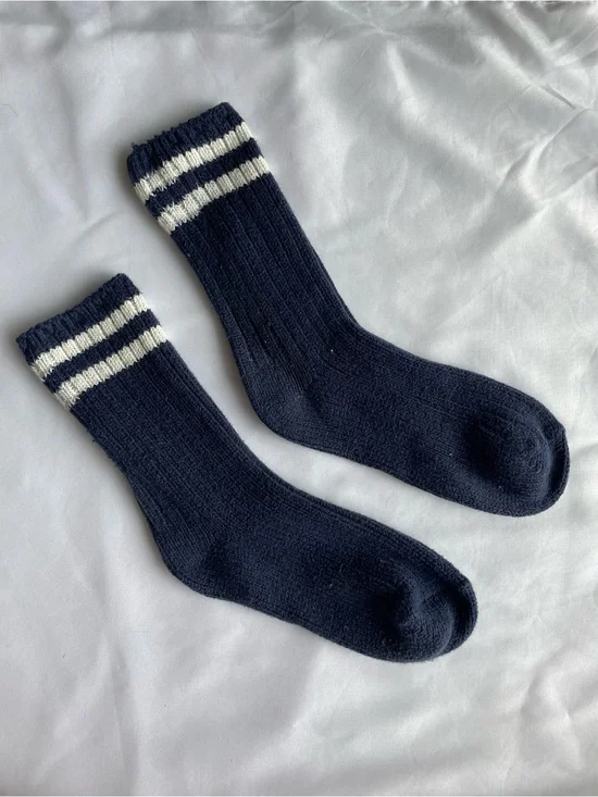 aerie Navy Crew Socks with White Double Stripe