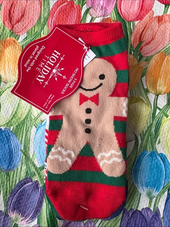 Holiday Time Red and Green Gingerbread Socks