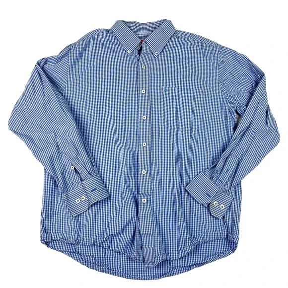 IZOD Shirt Men Large Button‎ Front Blue Gingham Check 100% Cotton