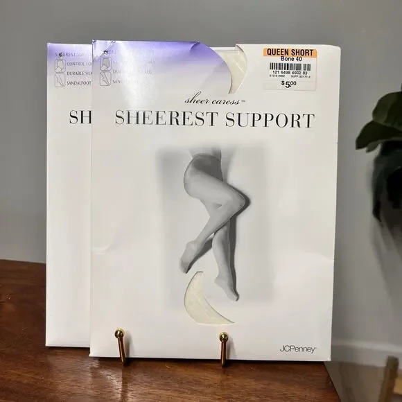 2 x JCPenney Sheer Caress Sheerest Support Queen Short Bone White Pantyhose