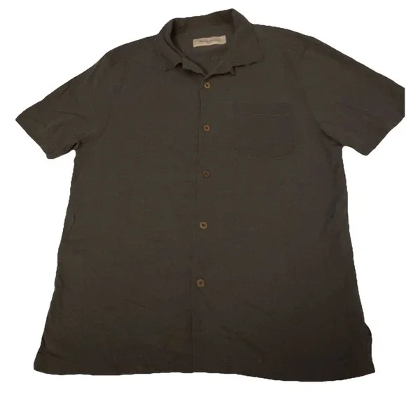 Tommy Bahama Shirt Hawaiian 100% Silk Button‎ Up Short Sleeve Gray Mens Medium