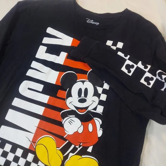 Disney Mickey Mouse Long Sleeve Graphic‎ Tee Black Mens XL Checkerboard Sleeve