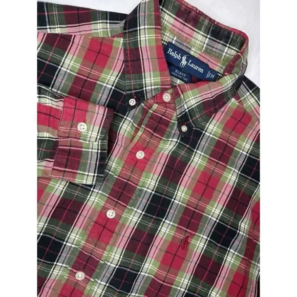 Vintage Ralph‎ Lauren Blake Long Sleeve Button Down Shirt Medium Plaid Red Green