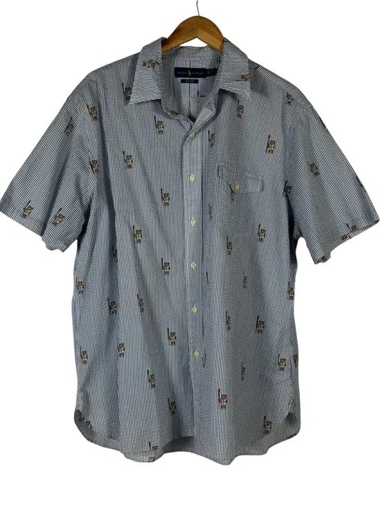 Ralph Lauren Classic Fit Striped Seersucker Boating Bear Shirt Mens XL Blue