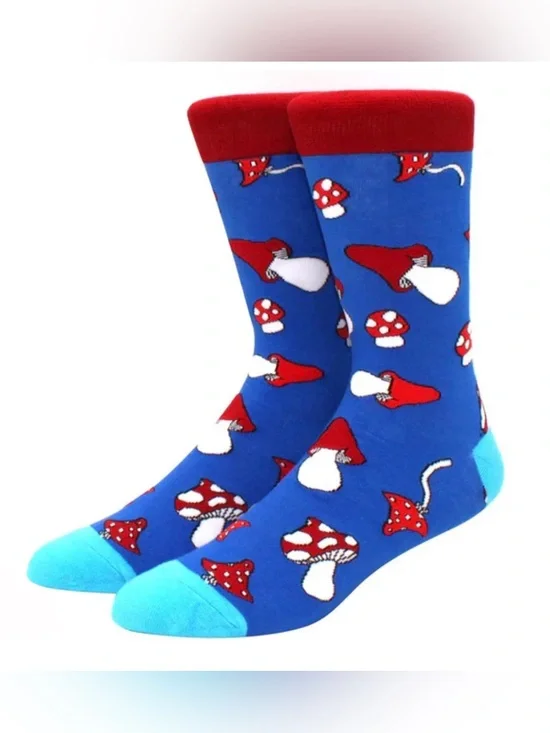 Whimsical Mushroom Novelty Crew Socks - Blue & Red - Unisex
