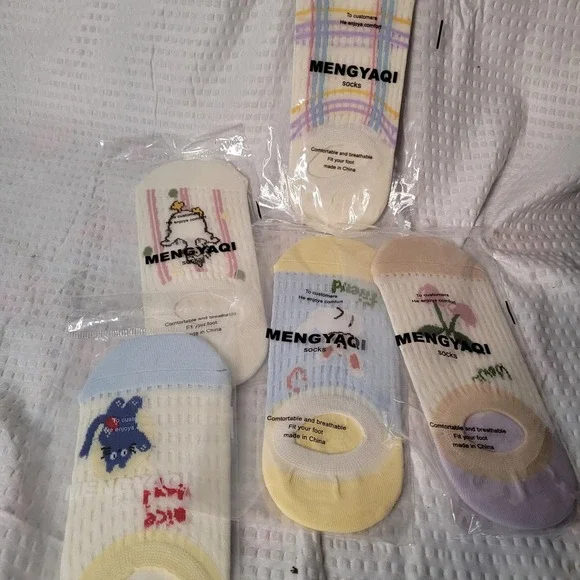MENGYAQI 5 Pack No‎ Show Socks Pastel Kawaii Cat Bunny Floral Mesh Low Cut Socks
