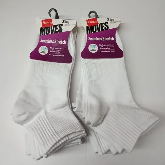 Hanes Moves‎ Ankle Socks 6 Pairs Women's Size 5-9 White Seamless Stretch