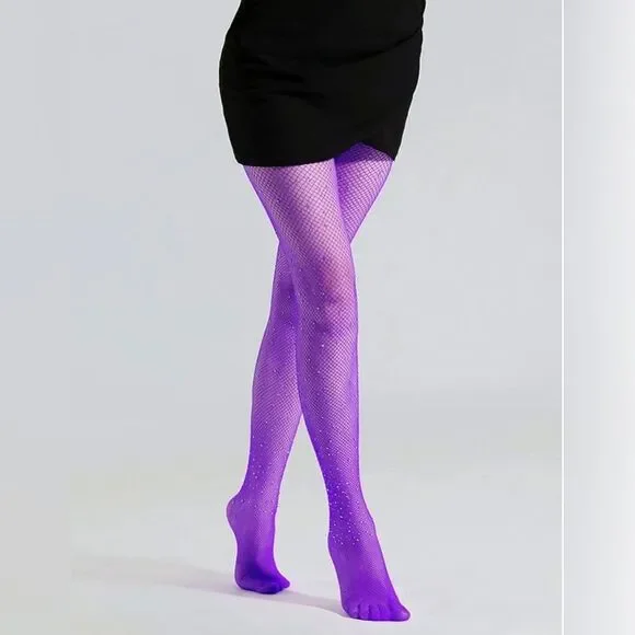Purple rhinestones fishnet tights pantyhose stockings hosiery