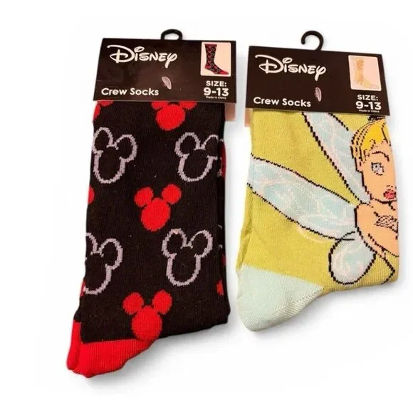 Disney Socks Lot of 2 Mickey Mouse Ears & Tinkerbell Ladies Size 9 - 13 New