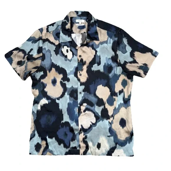 REISS Fangio Shirt Mens Large Floral Abstract‎ Ikat Print Blue Tan Cuban Collar