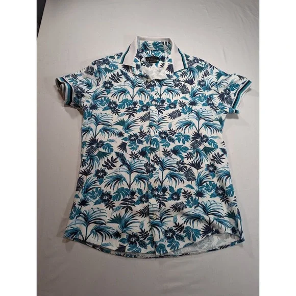 Zara Shirt USA 5 Blue Floral‎ Cotton Short Sleeve Button Down Slim Fit Polo