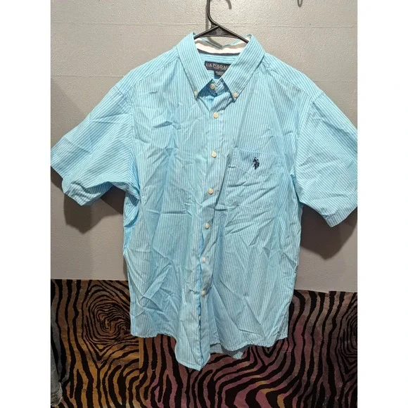 U.S. POLO ASSN mens L button front short sleeve white blue stripe shirt‎ top