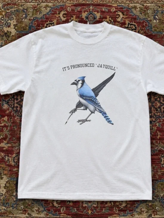 White Blue Jay Tee Classic Bird Graphic T-Shirt Vintage of 90s Size L Oversized