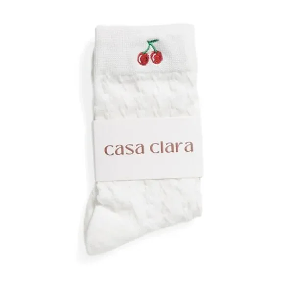 casa clara x Anthropologie Paulina White Embroidered Cherry Cable Knit Socks