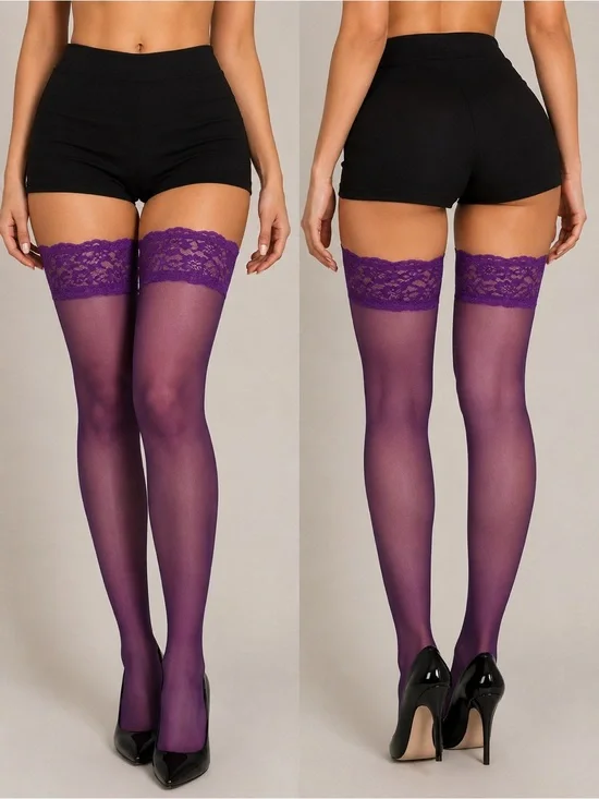 Japanese  Pantyhose/Tights Lace Silicone Stay-Up Thigh High Stockings Purple