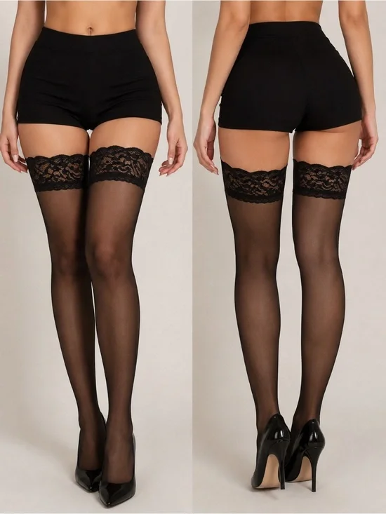 Black Japanese Lace Silicone Stay-Up Thigh High Sheer Stockings Black One Size