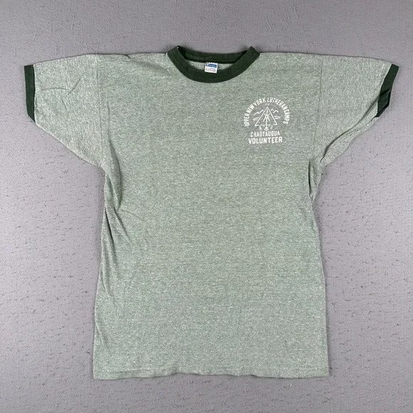 Vtg 70s Champion Ringer Shirt‎ Men's XL Green New York Chautauqua Camp Blue Bar