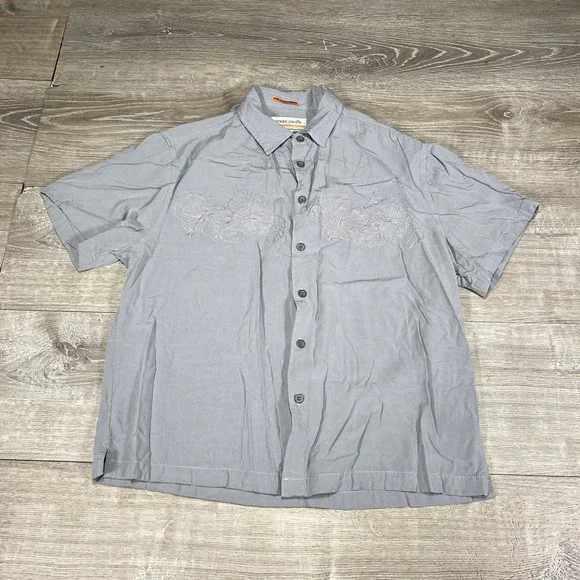 Ocean Pacific Shirt‎ Mens Large Gray Embroidered Hibiscus Floral Button Up Camp