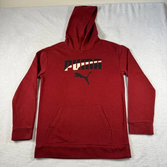 Puma Hoodie‎ Mens XL Burgundy Red Graphic Iconic Cat Logo Fleece Kangaroo Pocket
