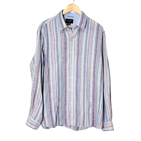 Black Brown Mens Linen Blue Striped Button Down Shirt XL Roll Tab Coastal Preppy