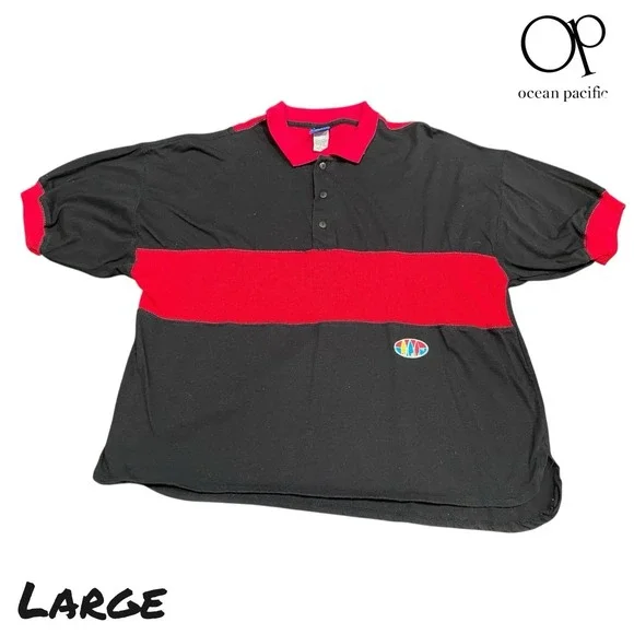Vintage Ocean Pacific Polo Shirt Mens LARGE Black‎ Pink Stripe 90s Surf Relaxed
