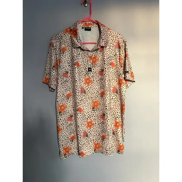 Bad Birdie Men Performance Golf Polo Medium Leopard Print Tiger Lily Active Sun‎
