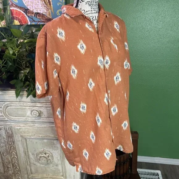 Vtg Men's Linen Blend Southwestern Style Button Up Orange Medium Coastal Country