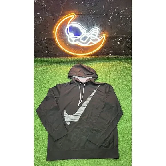 Nike Y2K Thermafit Mens Black Hoodie Sweatshirt size LG Big Logo Graphic‎ Print