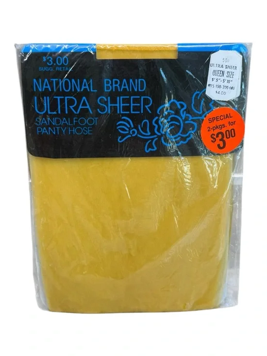 National Brand Ultra Sheer Pantyhose Queen Size Mustard Yellow 100% Nylon NOS