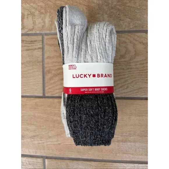 NWT Lucky Brand Super Soft Boot Socks 6 Pack Marled Gray Cozy Crew Socks