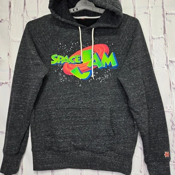 Space Jam‎ Movie Graphic Hoodie Charcoal Gray Raglan Soft Sweatshirt Mens Small