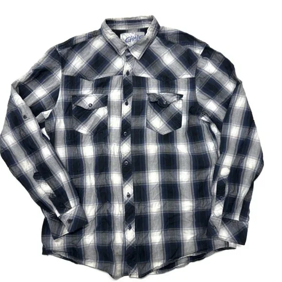 Chalc Western Button Up Shirt Mens XL Blue‎ Plaid Long Sleeve Cotton