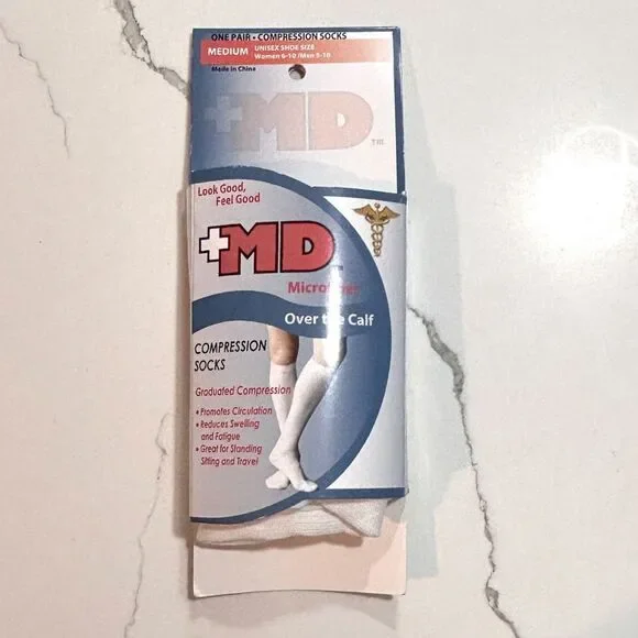 MD+ | Unisex Women's Men's Diabetes Compression Socks Over the Calf White Size M