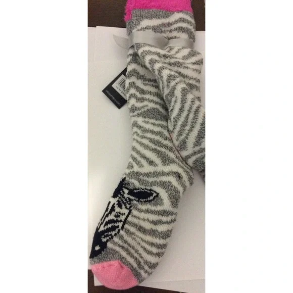Olivia + Joy Womens OS‎ Fuzzy Socks Slippers Grey Zebra Print Pink Accents New