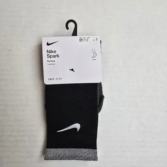 Nike Spark Running Crew Socks Size W7.5-9/M6-7.5 Black Cushioned Dri-Fit