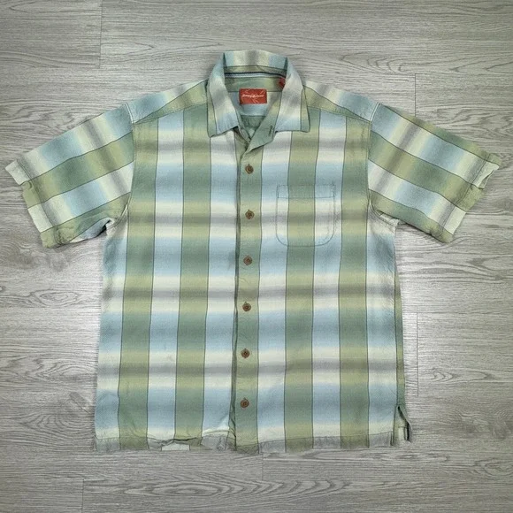 Tommy Bahama Mens Button Front Shirt Plaid Silk Green Blue Medium Short Sleeve