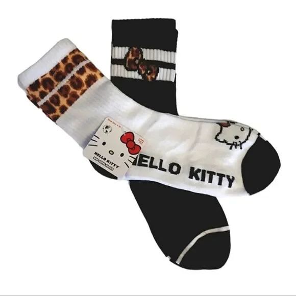 Hello‎ Kitty Black White Cheetah Print 2 Pairs Mid Crew Socks NWT