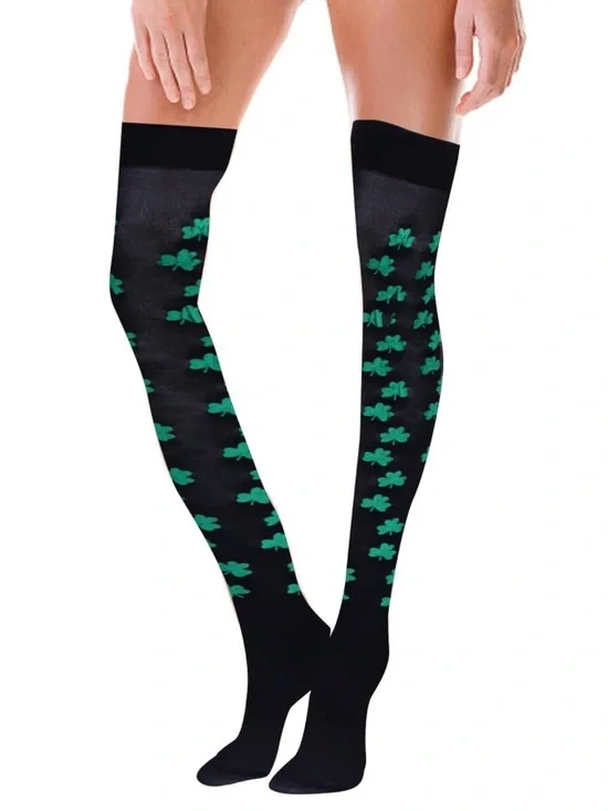 💞 New Women’s One Size Black & Green Shamrock Thigh-High St. Patrick’s Stockings