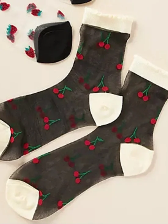 Anthropologie Maeve Sheer Cherry Socks Black Combo One Size New